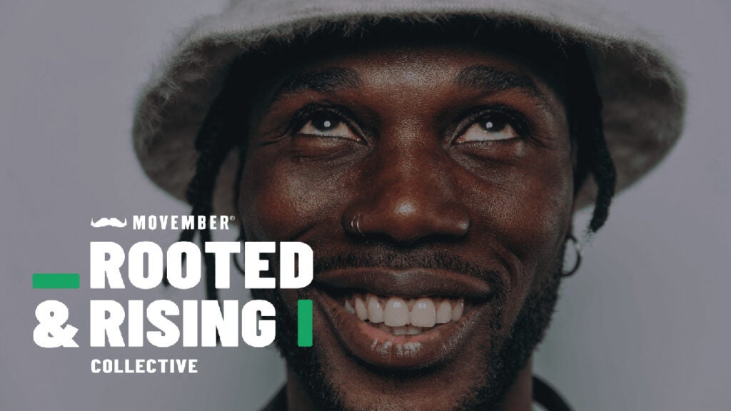 Movember Rooted & Rising Collective is displayed over the image of a man's face